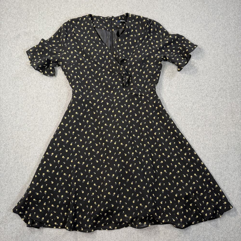 SPAO Women's Small Black Yellow Floral Ruffle Sleeve V-Neck Mini Dress Flare